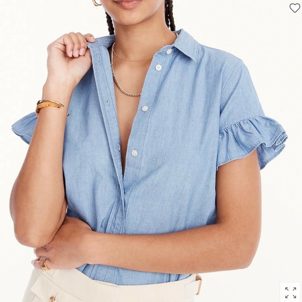 J. Crew Light Blue Ruffle Sleeve Chambray Shirt